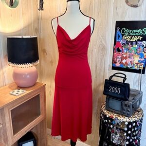 Vintage Women's Medium Red Stretch Slouch Neck Midi Tank Dress 2000s Y2K